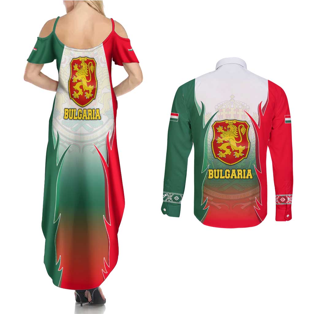 Bulgaria National Crest Couples Matching Summer Maxi Dress and Long Sleeve Button Shirt with Tricolor Design and Folk Cuff Pattern
