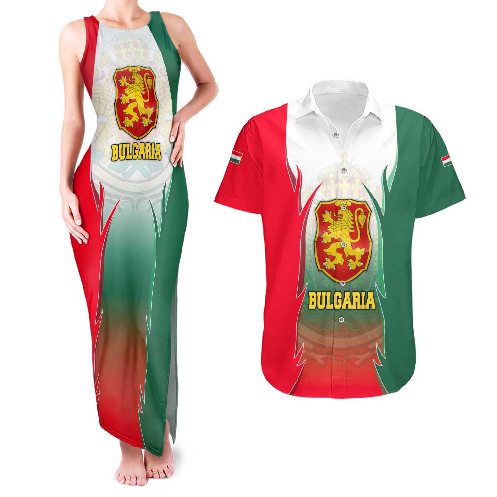 Bulgaria National Crest Couples Matching Tank Maxi Dress and Hawaiian Shirt with Tricolor Design and Folk Cuff Pattern