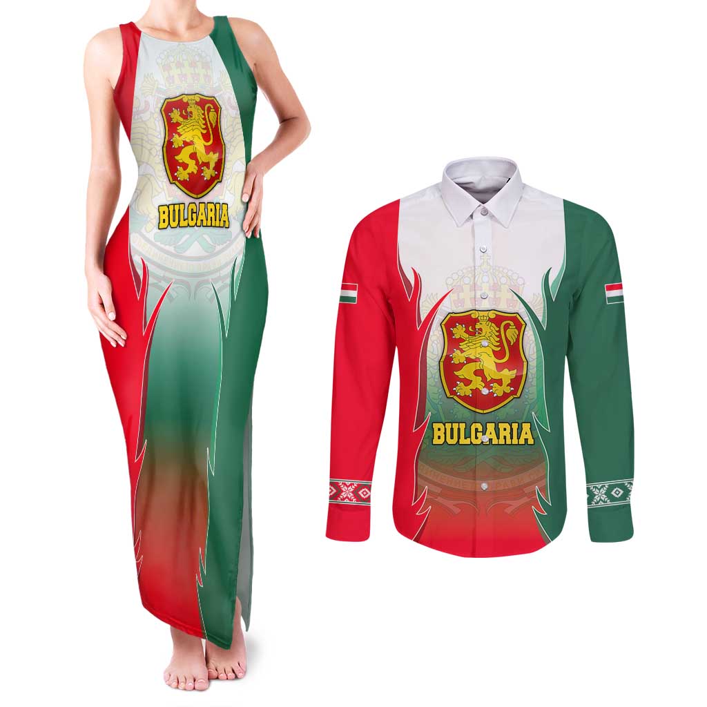 Bulgaria National Crest Couples Matching Tank Maxi Dress and Long Sleeve Button Shirt with Tricolor Design and Folk Cuff Pattern