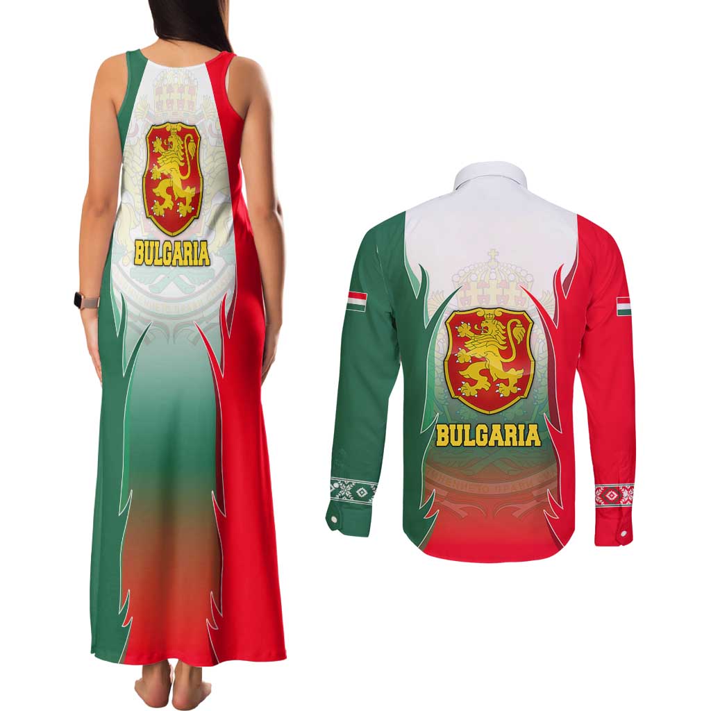 Bulgaria National Crest Couples Matching Tank Maxi Dress and Long Sleeve Button Shirt with Tricolor Design and Folk Cuff Pattern