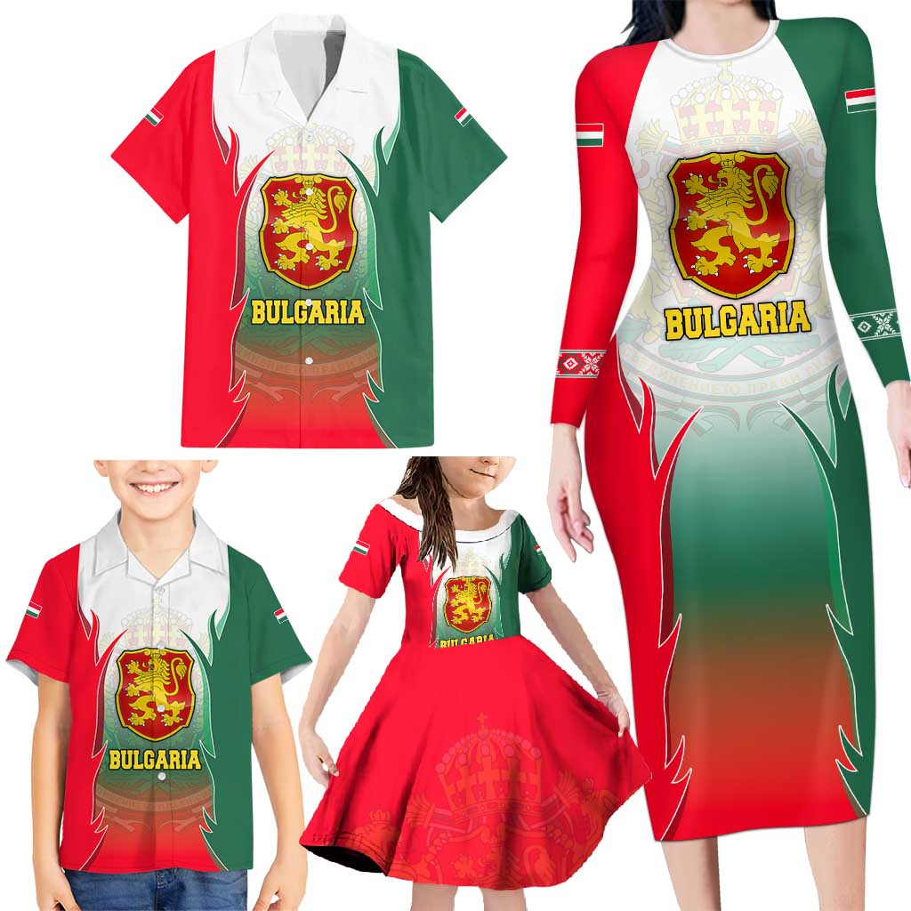 Bulgaria National Crest Family Matching Long Sleeve Bodycon Dress and Hawaiian Shirt with Tricolor Design and Folk Cuff Pattern