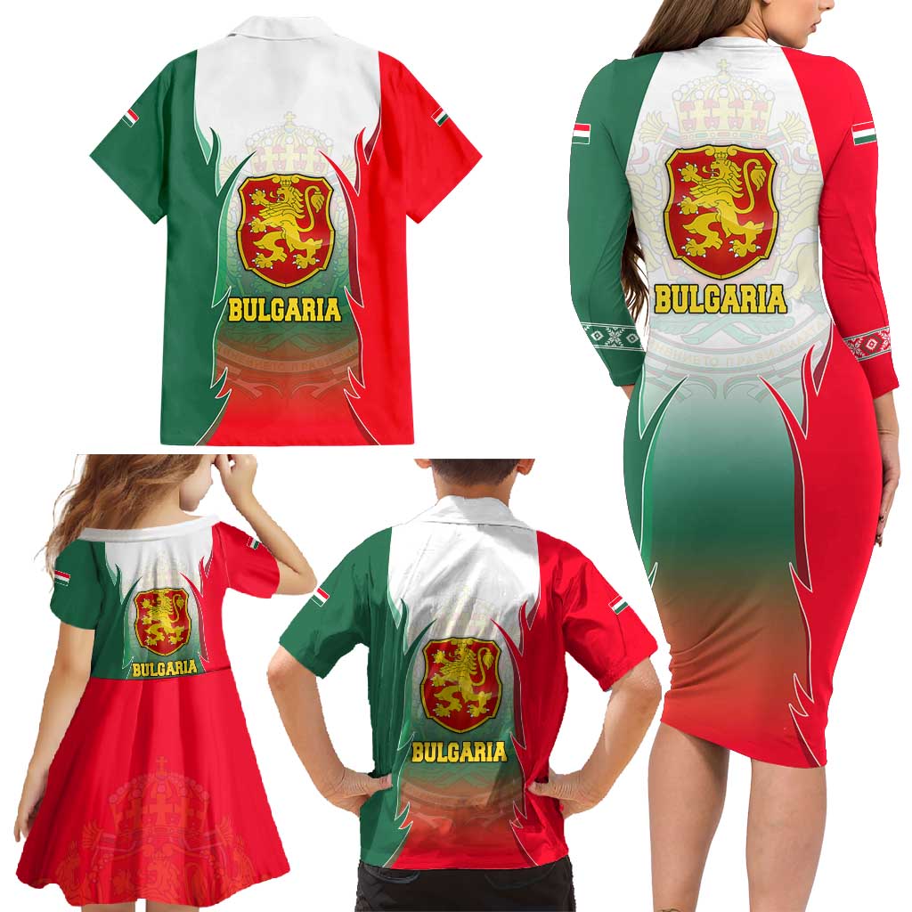 Bulgaria National Crest Family Matching Long Sleeve Bodycon Dress and Hawaiian Shirt with Tricolor Design and Folk Cuff Pattern