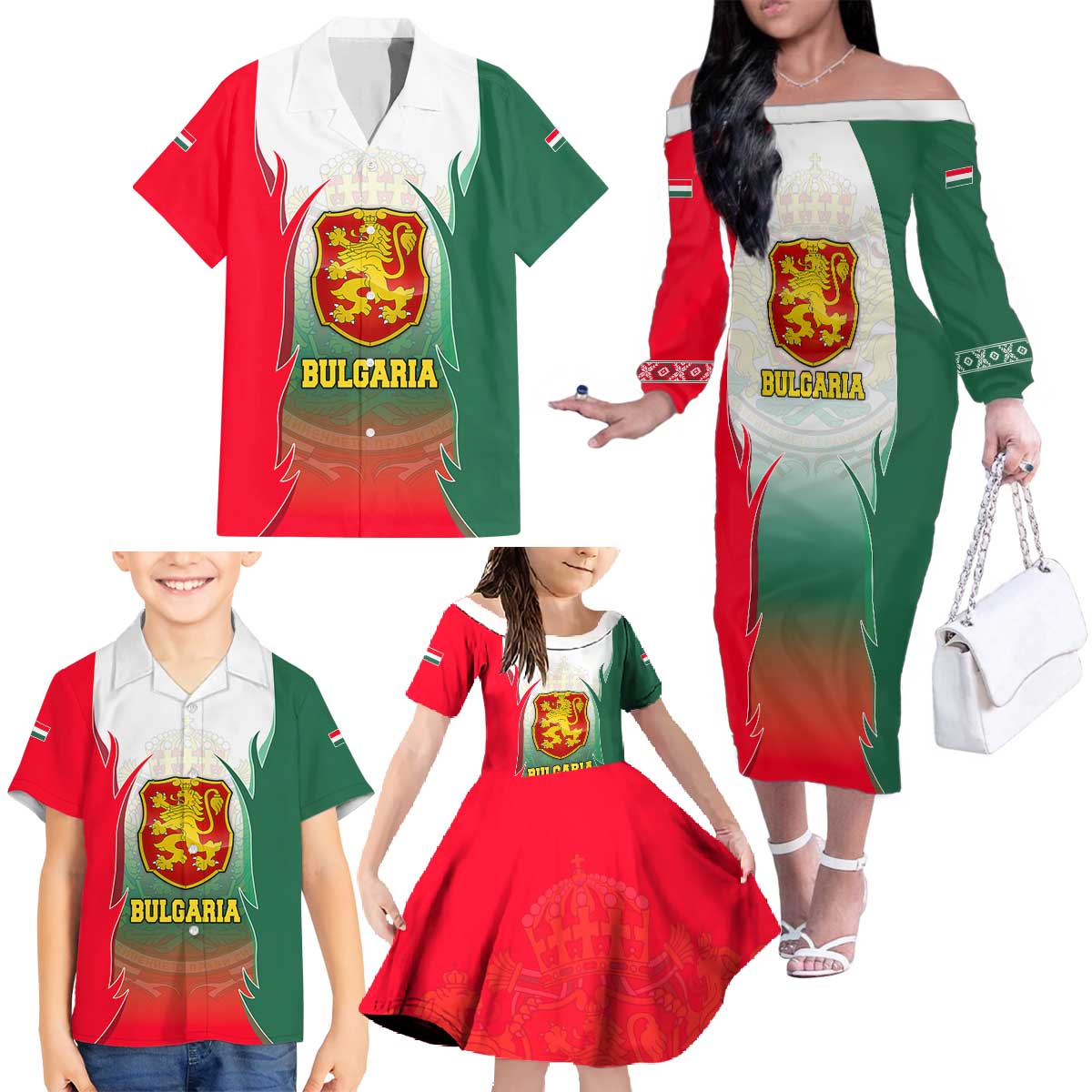 Bulgaria National Crest Family Matching Off The Shoulder Long Sleeve Dress and Hawaiian Shirt with Tricolor Design and Folk Cuff Pattern