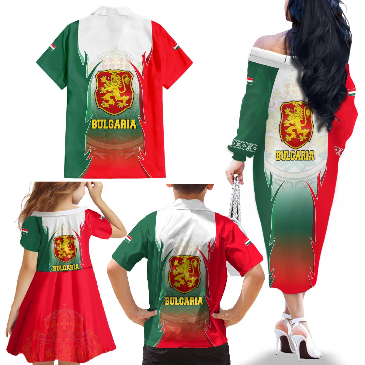 Bulgaria National Crest Family Matching Off The Shoulder Long Sleeve Dress and Hawaiian Shirt with Tricolor Design and Folk Cuff Pattern