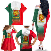 Bulgaria National Crest Family Matching Off The Shoulder Long Sleeve Dress and Hawaiian Shirt with Tricolor Design and Folk Cuff Pattern