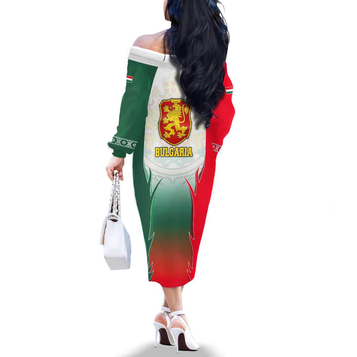 Bulgaria National Crest Family Matching Off The Shoulder Long Sleeve Dress and Hawaiian Shirt with Tricolor Design and Folk Cuff Pattern