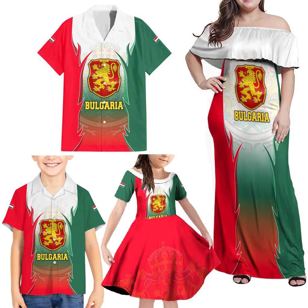 Bulgaria National Crest Family Matching Off Shoulder Maxi Dress and Hawaiian Shirt with Tricolor Design and Folk Cuff Pattern