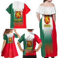 Bulgaria National Crest Family Matching Off Shoulder Maxi Dress and Hawaiian Shirt with Tricolor Design and Folk Cuff Pattern