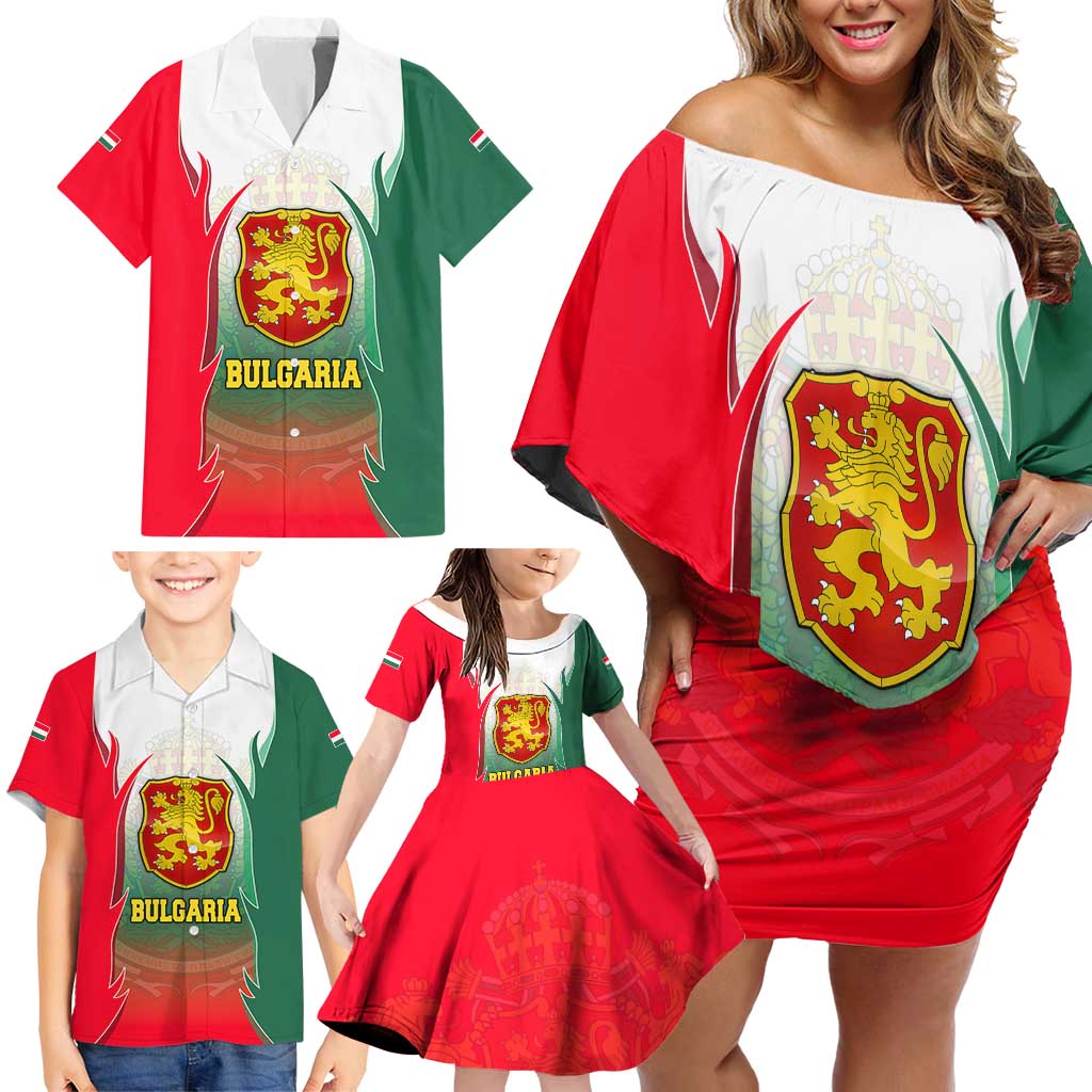 Bulgaria National Crest Family Matching Off Shoulder Short Dress and Hawaiian Shirt with Tricolor Design and Folk Cuff Pattern