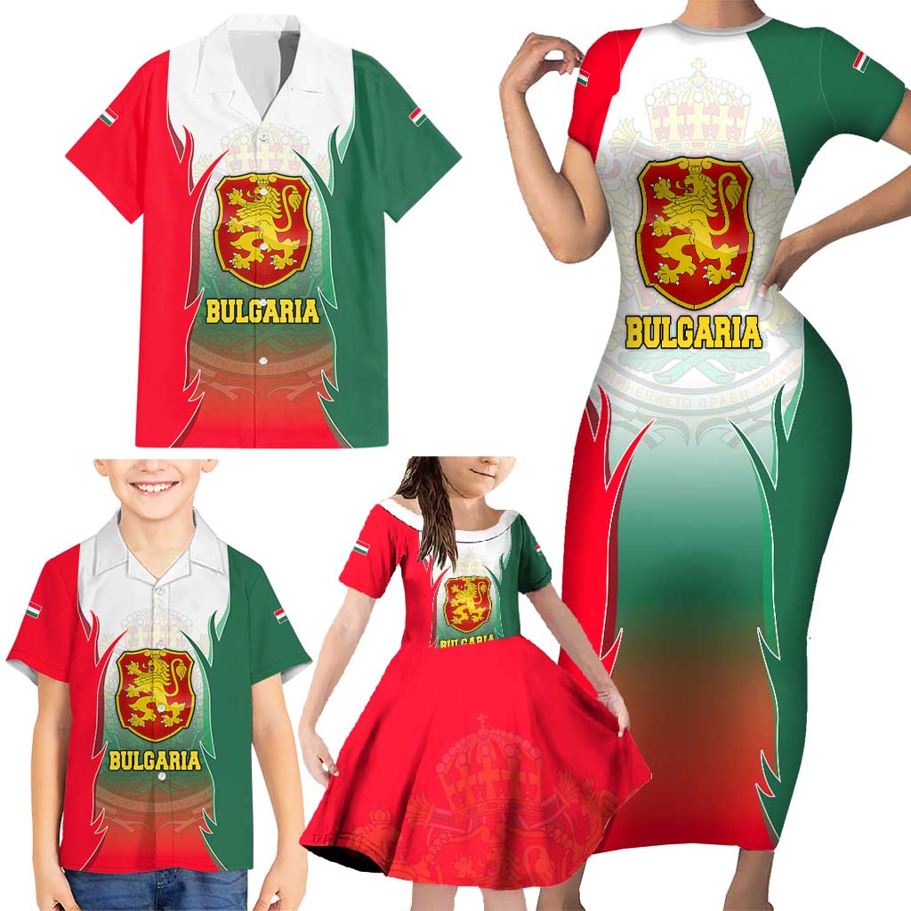 Bulgaria National Crest Family Matching Short Sleeve Bodycon Dress and Hawaiian Shirt with Tricolor Design and Folk Cuff Pattern
