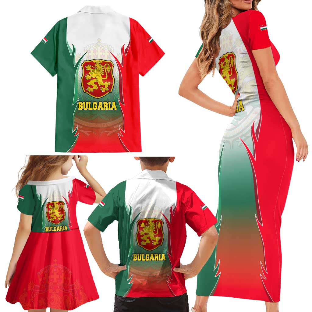 Bulgaria National Crest Family Matching Short Sleeve Bodycon Dress and Hawaiian Shirt with Tricolor Design and Folk Cuff Pattern