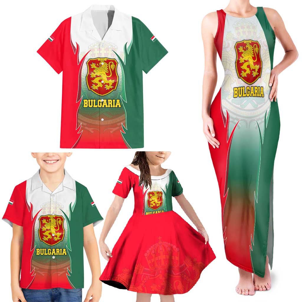 Bulgaria National Crest Family Matching Tank Maxi Dress and Hawaiian Shirt with Tricolor Design and Folk Cuff Pattern