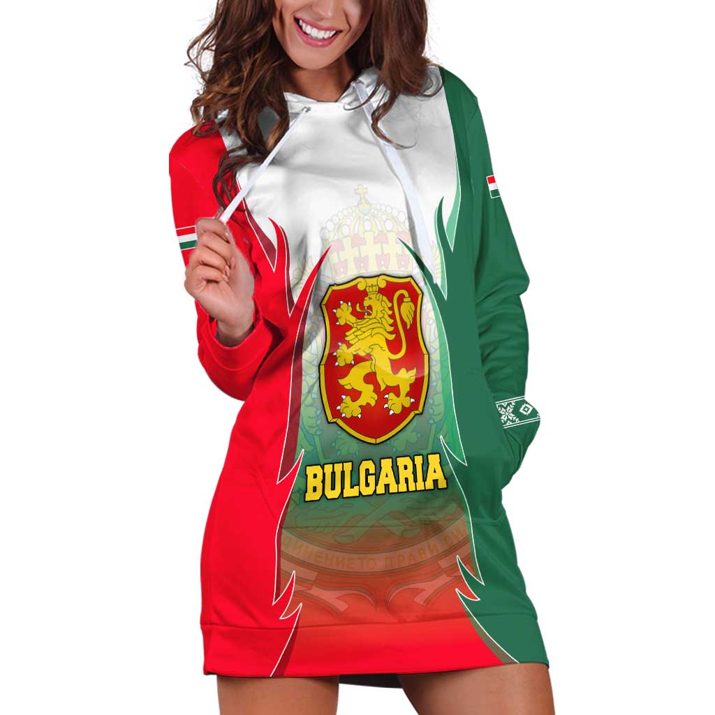 Bulgaria National Crest Hoodie Dress with Tricolor Design and Folk Cuff Pattern