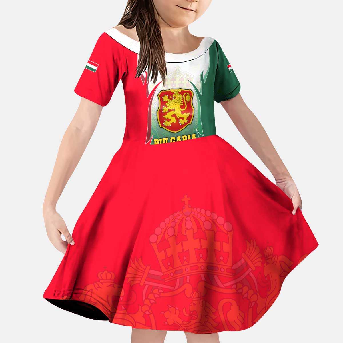 Bulgaria National Crest Kid Short Sleeve Dress with Tricolor Design and Folk Cuff Pattern
