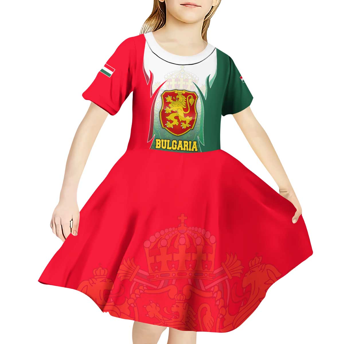 Bulgaria National Crest Kid Short Sleeve Dress with Tricolor Design and Folk Cuff Pattern