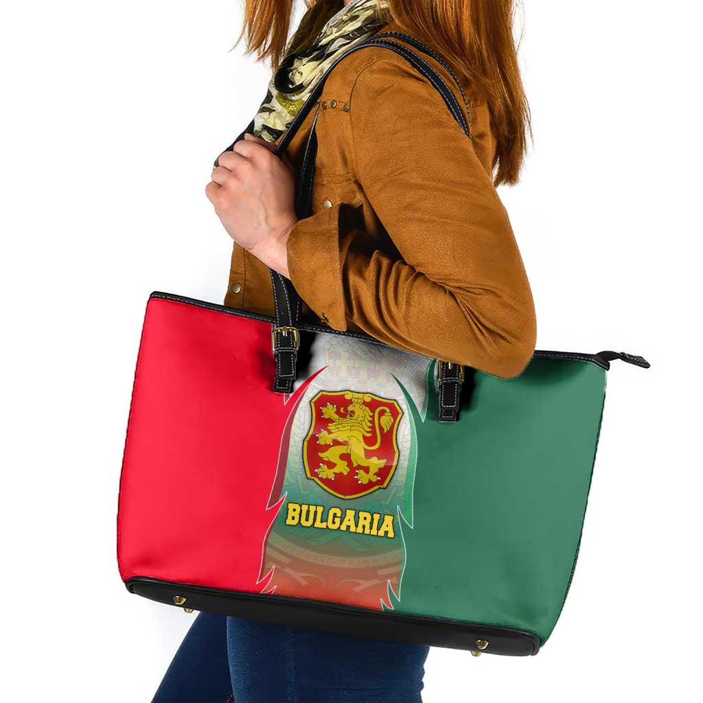 Bulgaria National Crest Leather Tote Bag with Tricolor Design and Folk Cuff Pattern