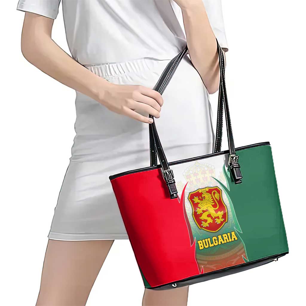 Bulgaria National Crest Leather Tote Bag with Tricolor Design and Folk Cuff Pattern