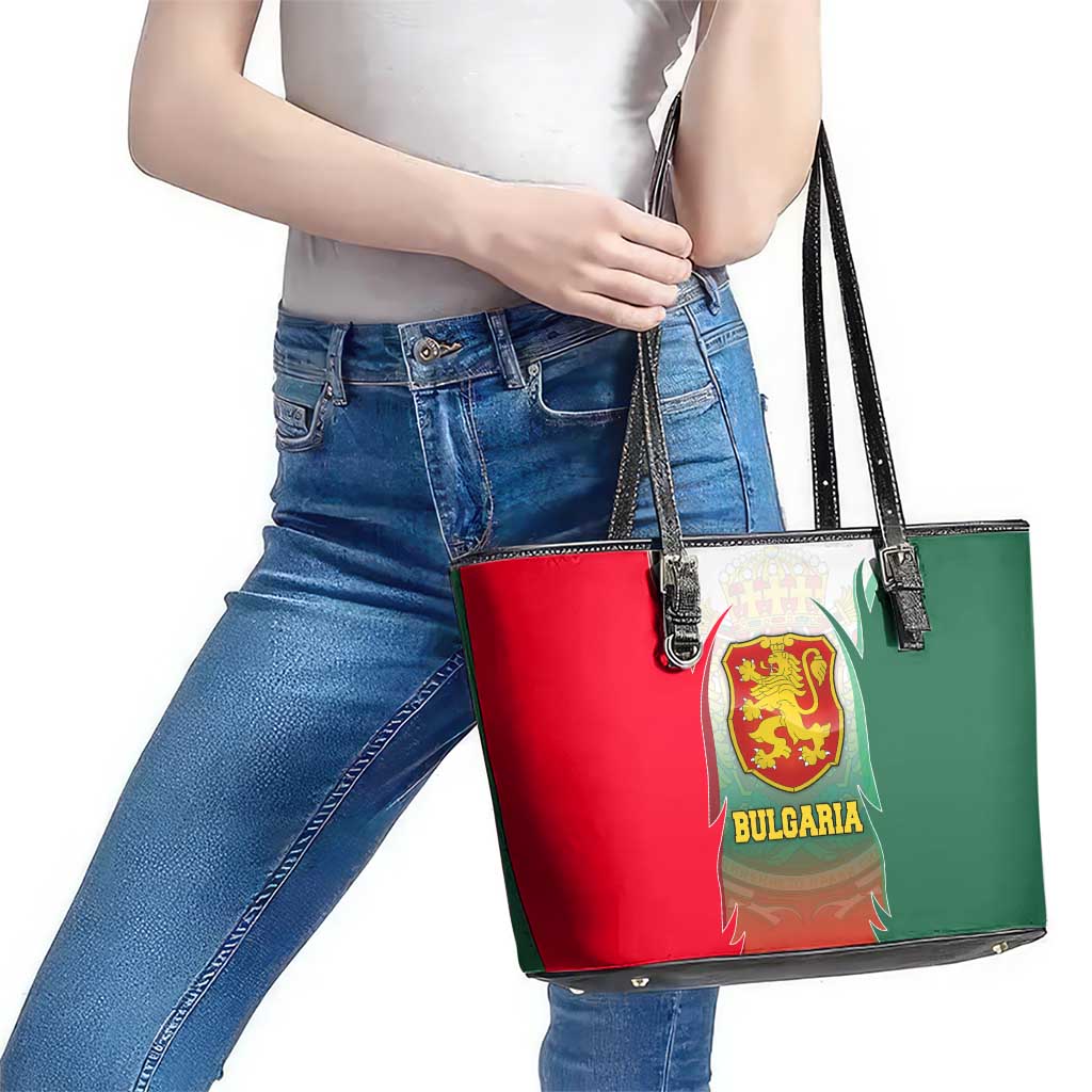Bulgaria National Crest Leather Tote Bag with Tricolor Design and Folk Cuff Pattern