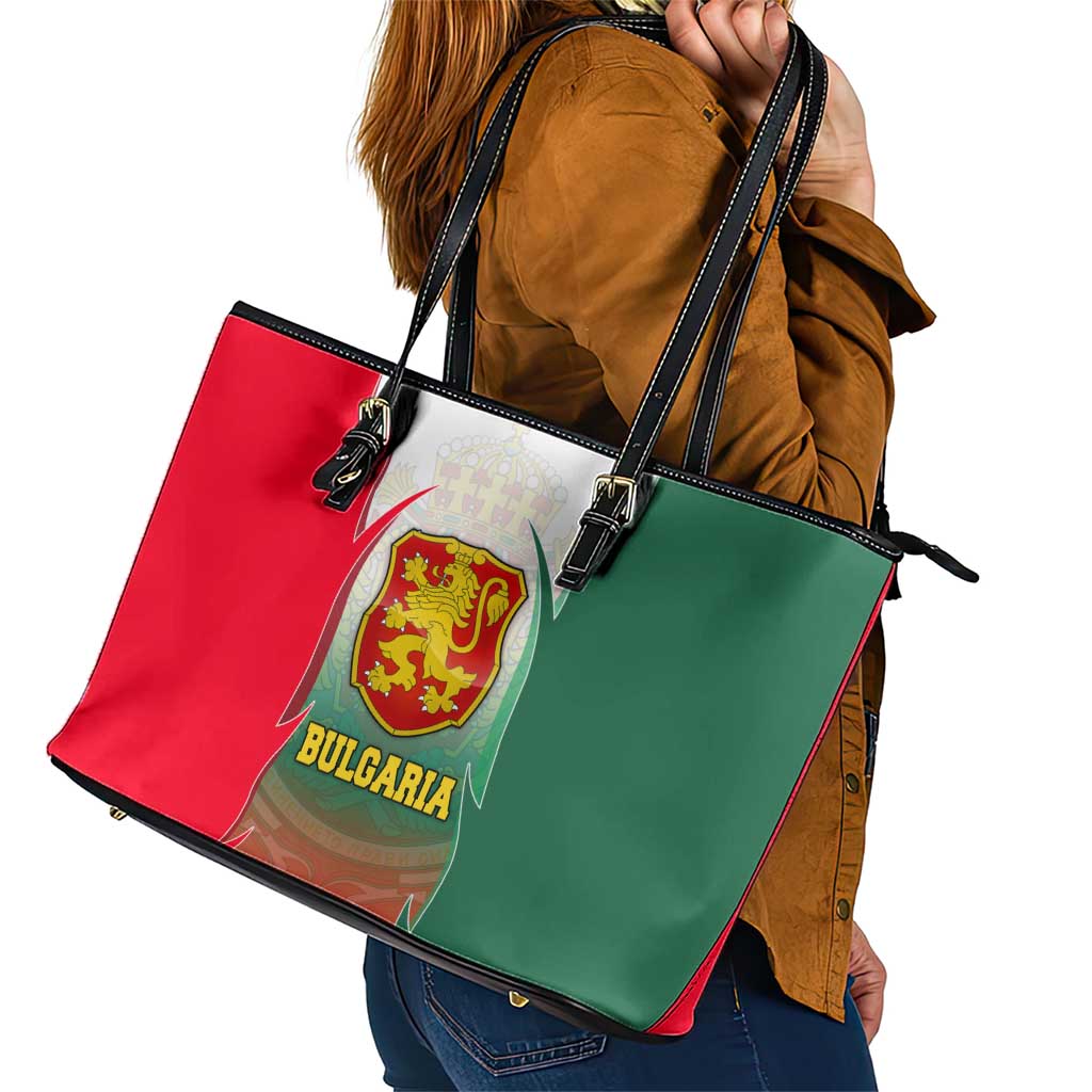 Bulgaria National Crest Leather Tote Bag with Tricolor Design and Folk Cuff Pattern
