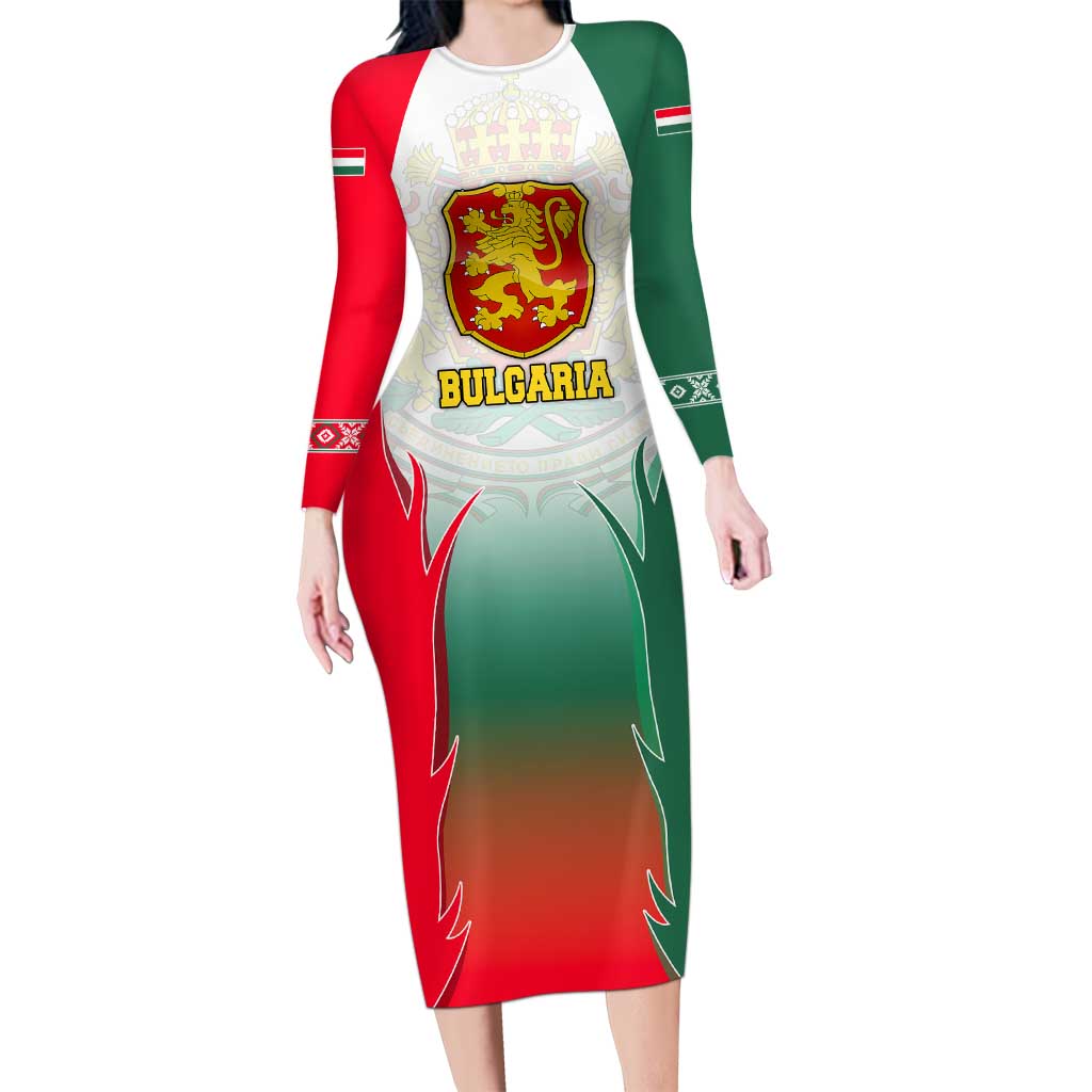 Bulgaria National Crest Long Sleeve Bodycon Dress with Tricolor Design and Folk Cuff Pattern