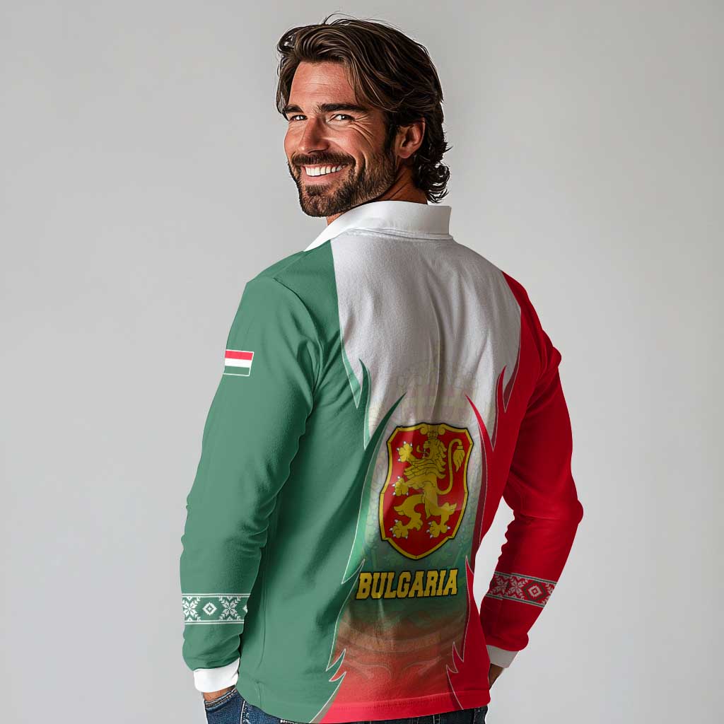 Bulgaria National Crest Long Sleeve Polo Shirt with Tricolor Design and Folk Cuff Pattern
