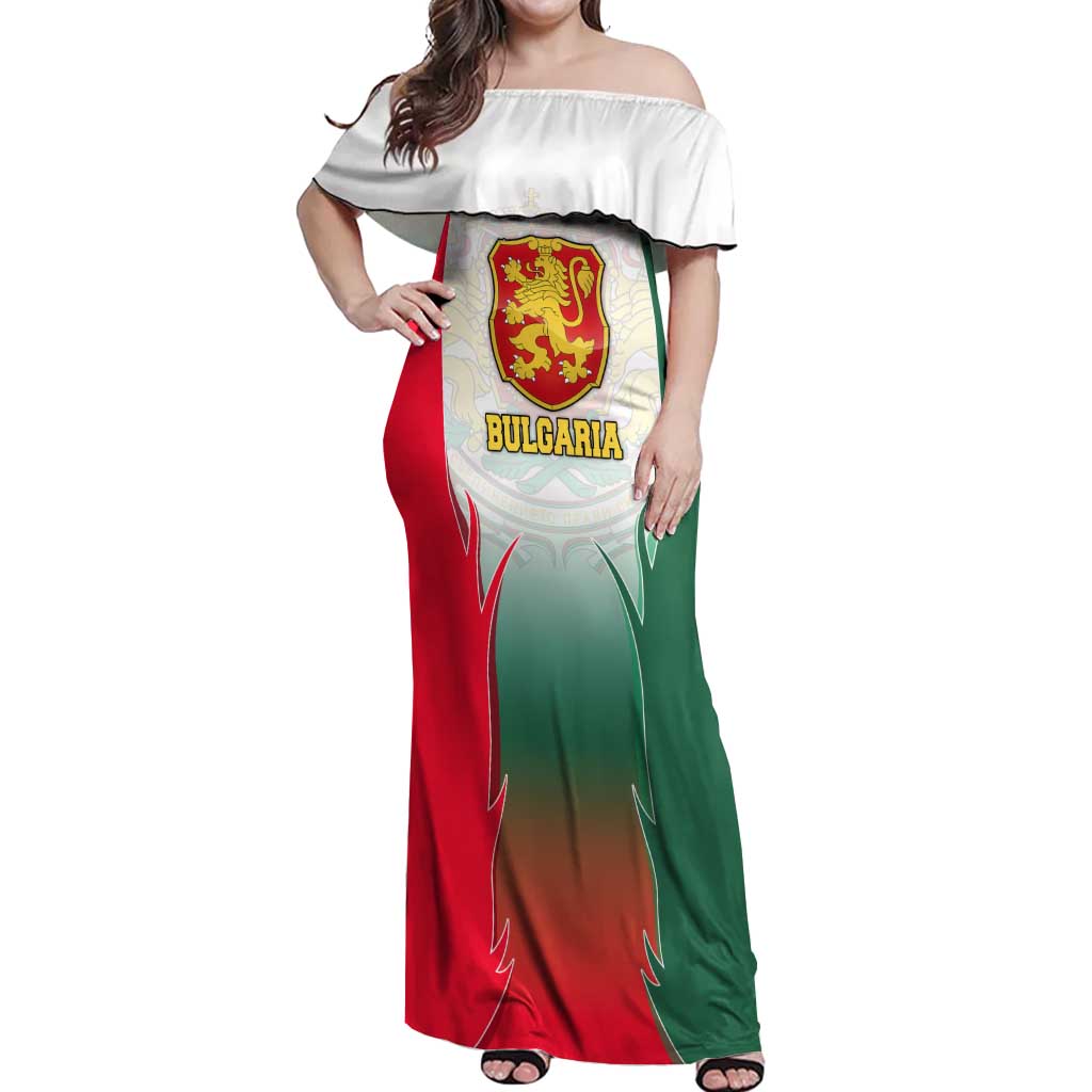 Bulgaria National Crest Off Shoulder Maxi Dress with Tricolor Design and Folk Cuff Pattern