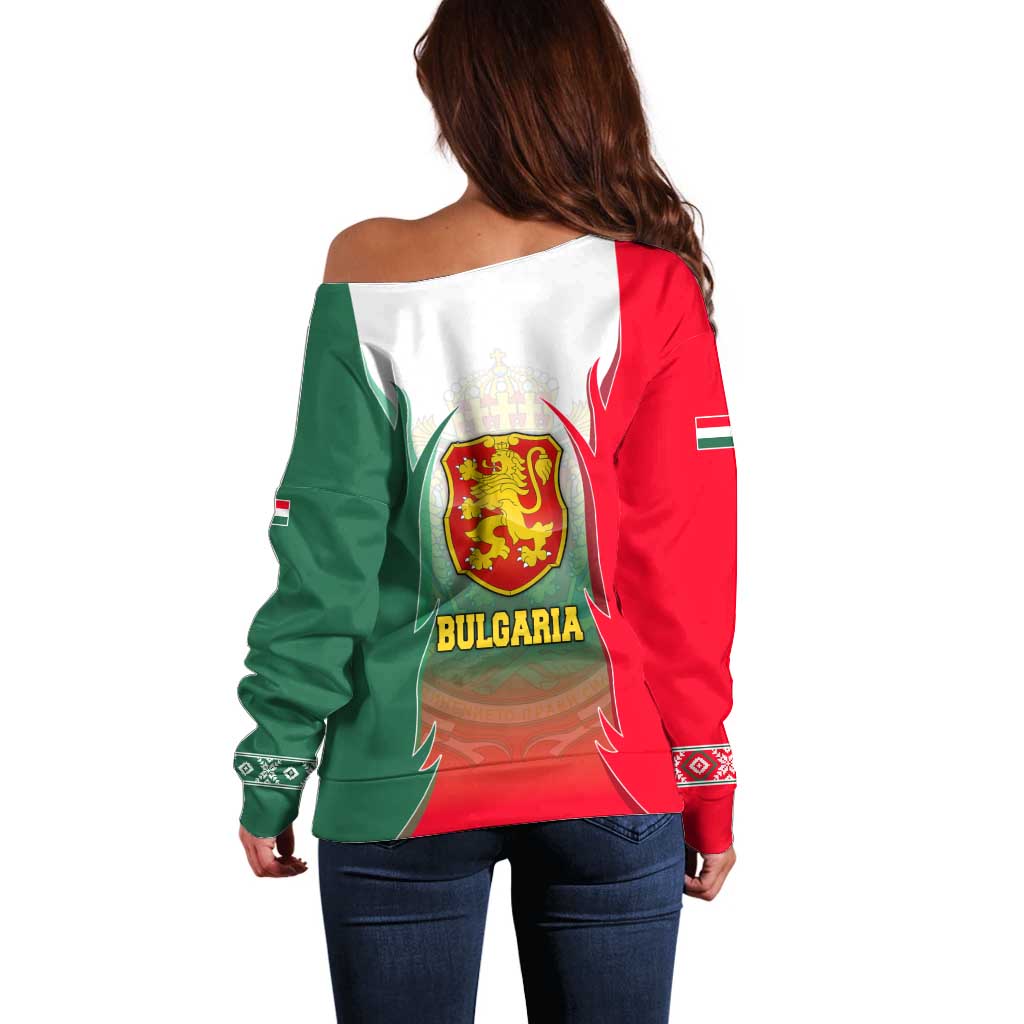 Bulgaria National Crest Off Shoulder Sweater with Tricolor Design and Folk Cuff Pattern