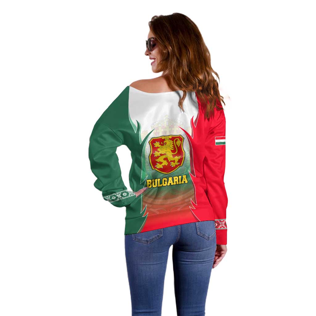 Bulgaria National Crest Off Shoulder Sweater with Tricolor Design and Folk Cuff Pattern