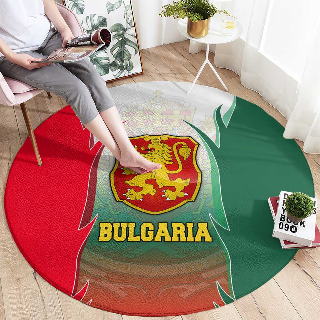 Bulgaria National Crest Round Carpet with Tricolor Design and Folk Cuff Pattern