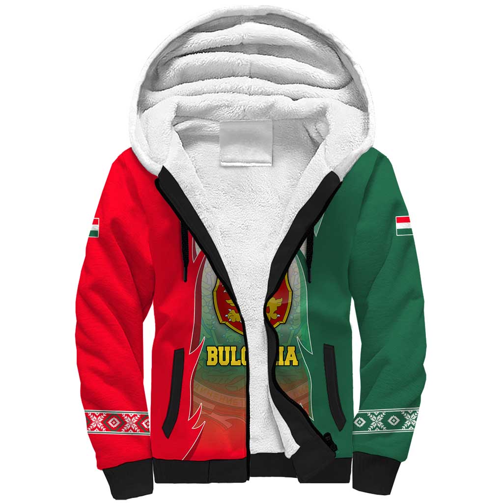 Bulgaria National Crest Sherpa Hoodie with Tricolor Design and Folk Cuff Pattern