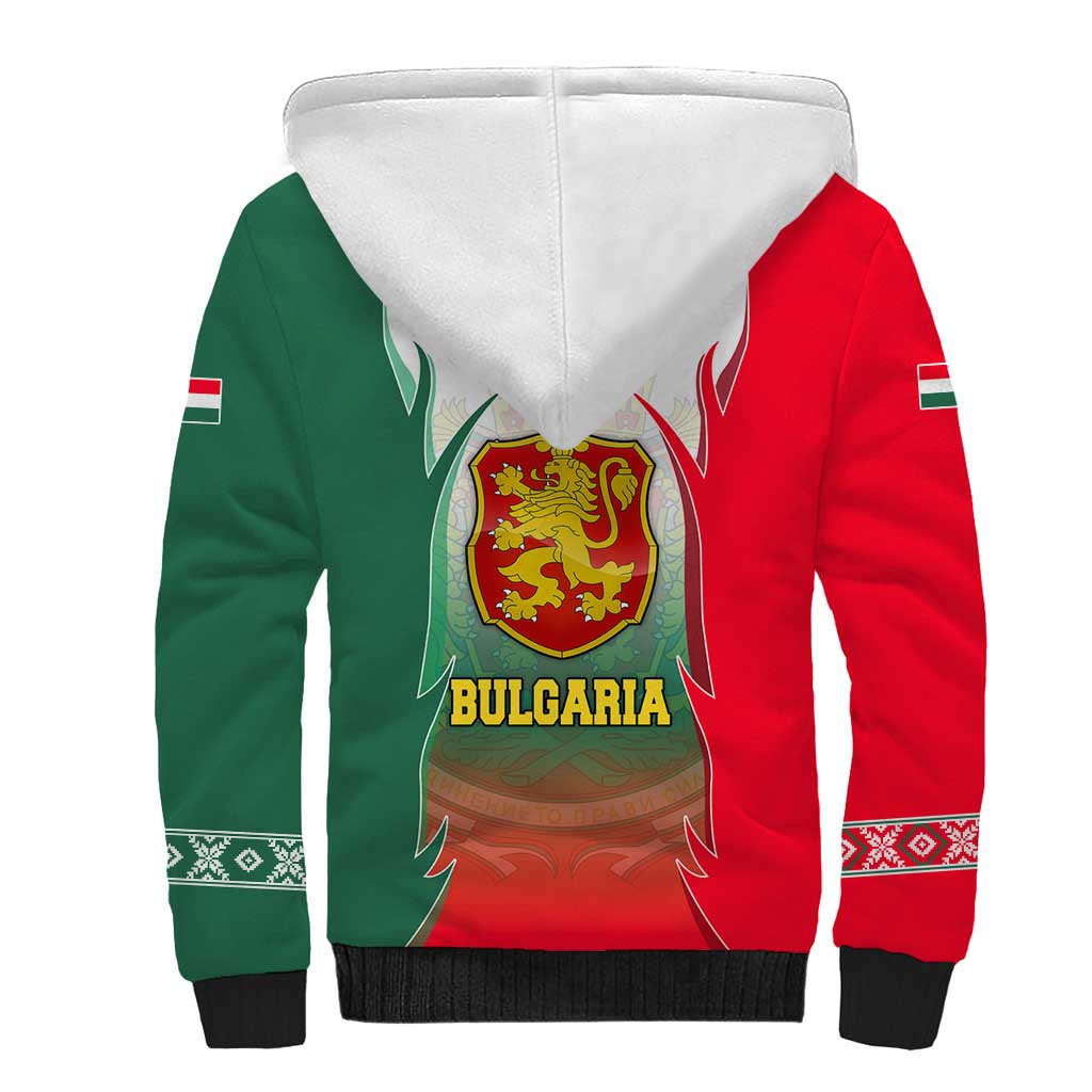 Bulgaria National Crest Sherpa Hoodie with Tricolor Design and Folk Cuff Pattern