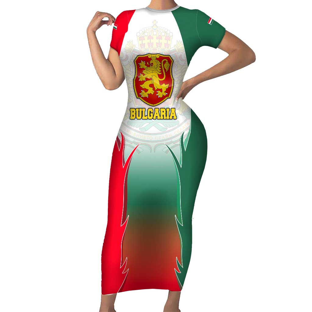 Bulgaria National Crest Short Sleeve Bodycon Dress with Tricolor Design and Folk Cuff Pattern