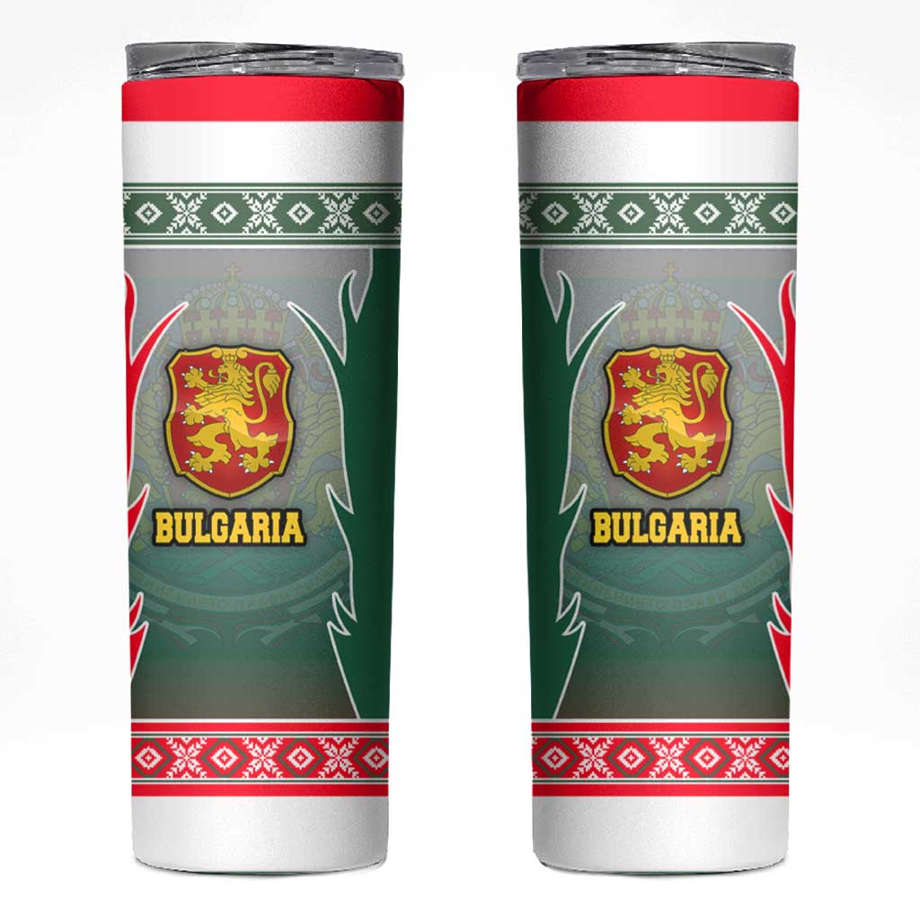 Bulgaria National Crest Skinny Tumbler with Tricolor Design and Folk Cuff Pattern