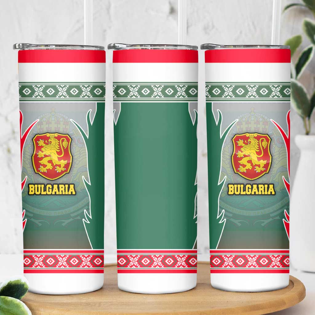 Bulgaria National Crest Skinny Tumbler with Tricolor Design and Folk Cuff Pattern