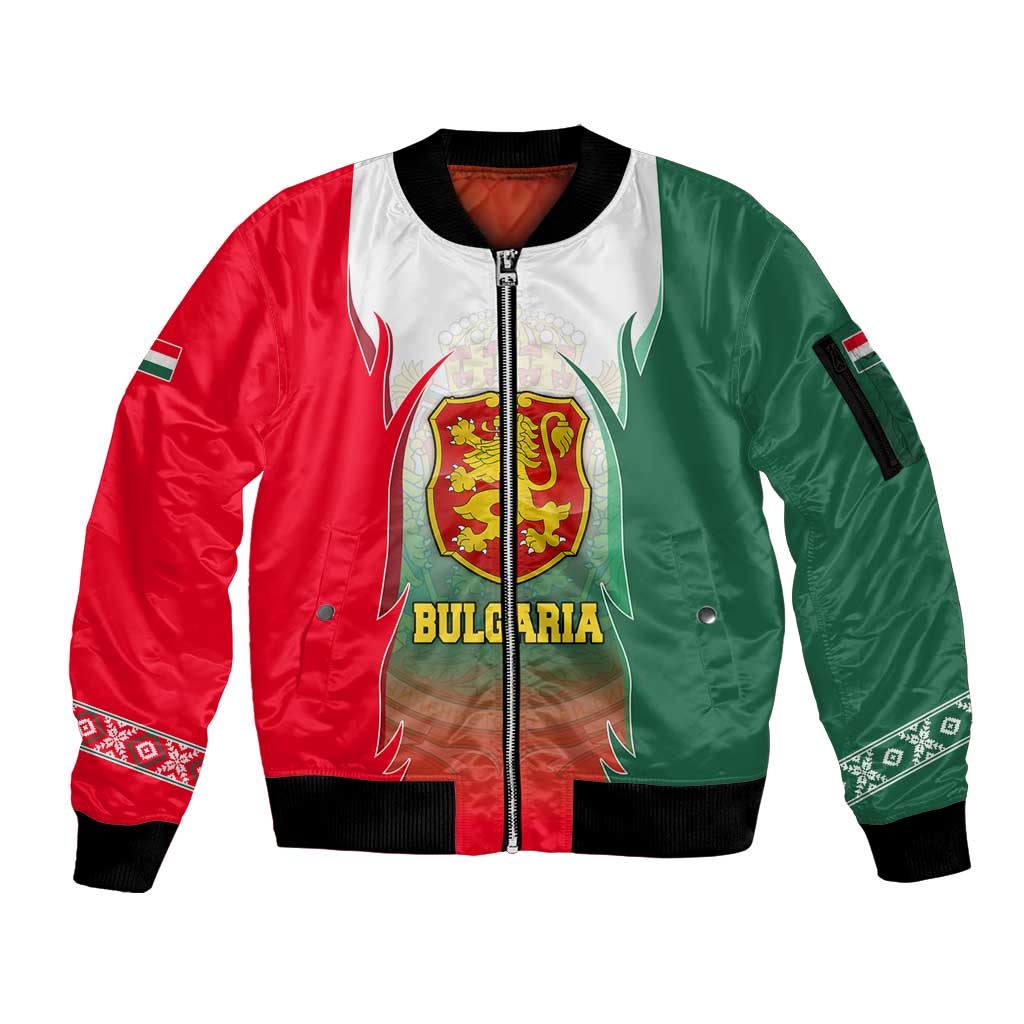Bulgaria National Crest Sleeve Zip Bomber Jacket with Tricolor Design and Folk Cuff Pattern