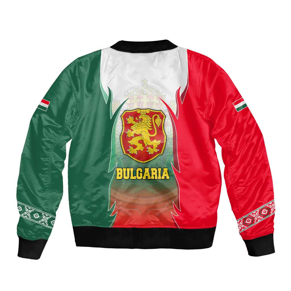Bulgaria National Crest Sleeve Zip Bomber Jacket with Tricolor Design and Folk Cuff Pattern