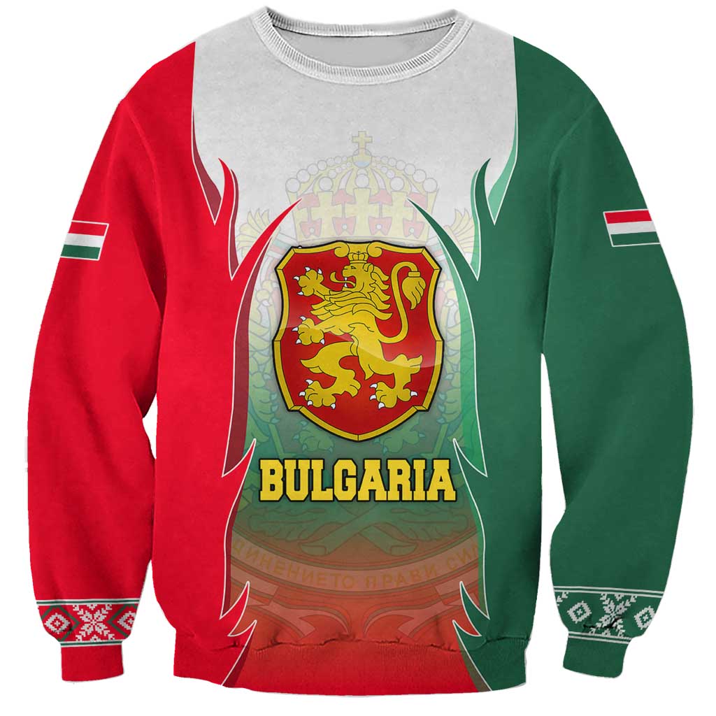 Bulgaria National Crest Sweatshirt with Tricolor Design and Folk Cuff Pattern