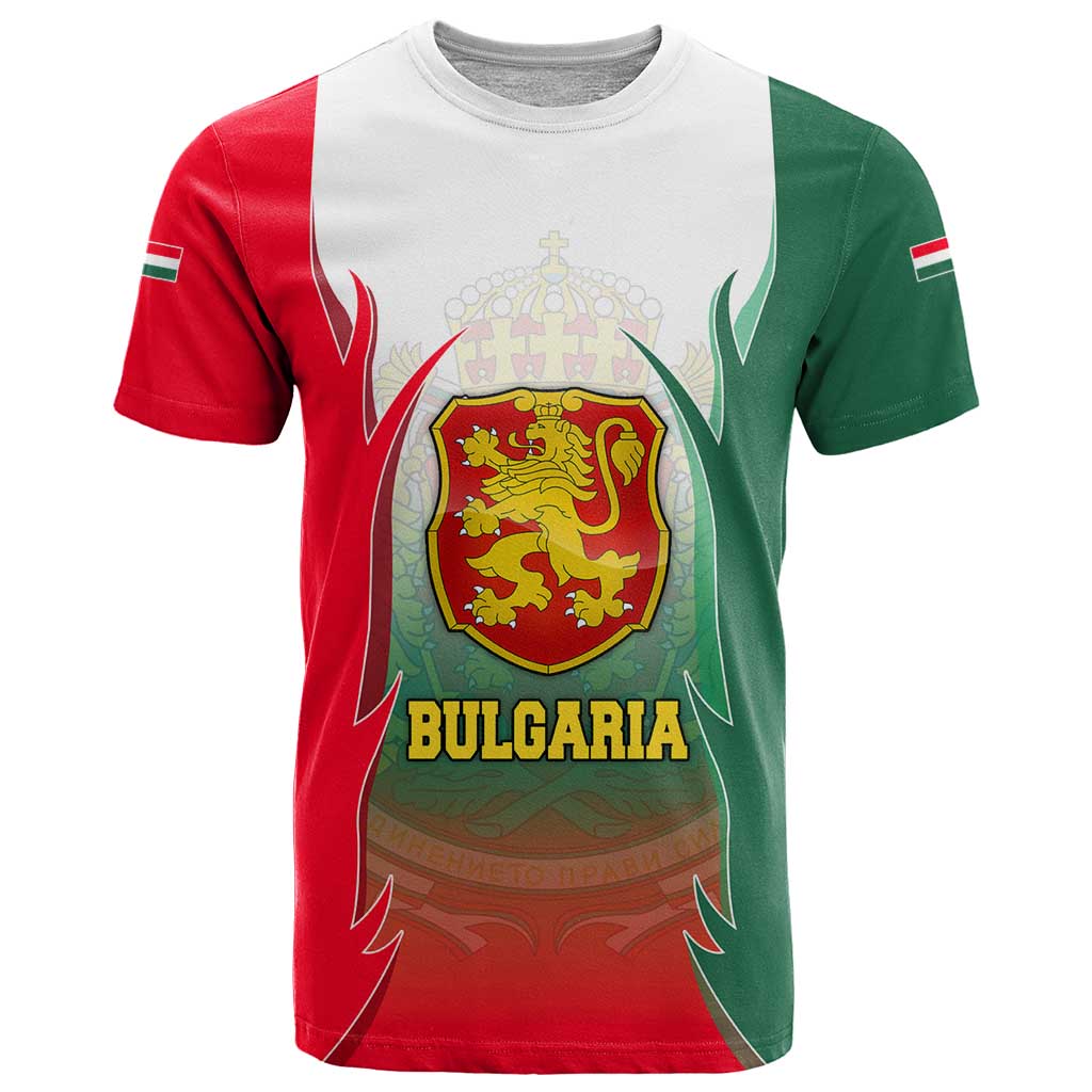 Bulgaria National Crest T Shirt with Tricolor Design and Folk Cuff Pattern