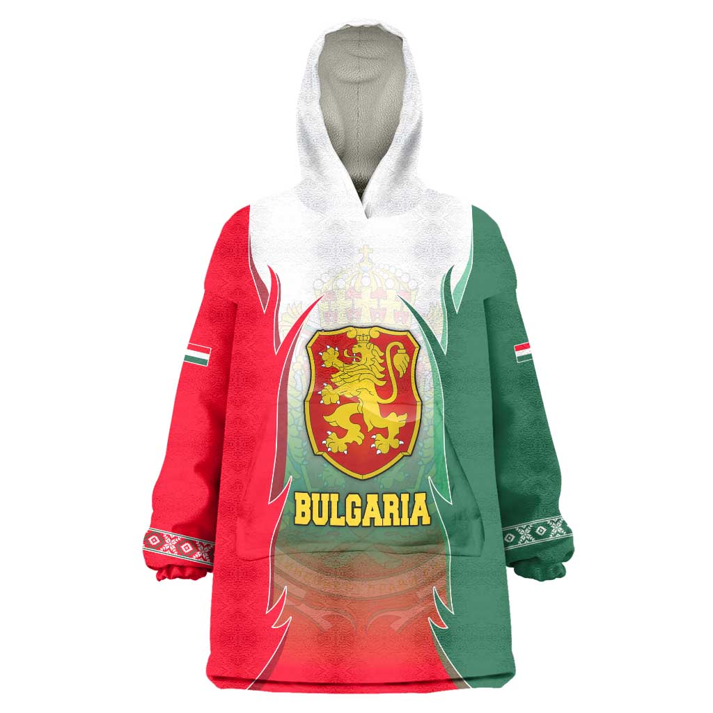 Bulgaria National Crest Wearable Blanket Hoodie with Tricolor Design and Folk Cuff Pattern
