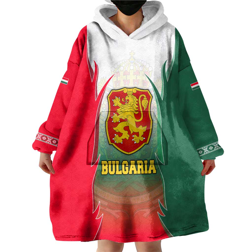 Bulgaria National Crest Wearable Blanket Hoodie with Tricolor Design and Folk Cuff Pattern