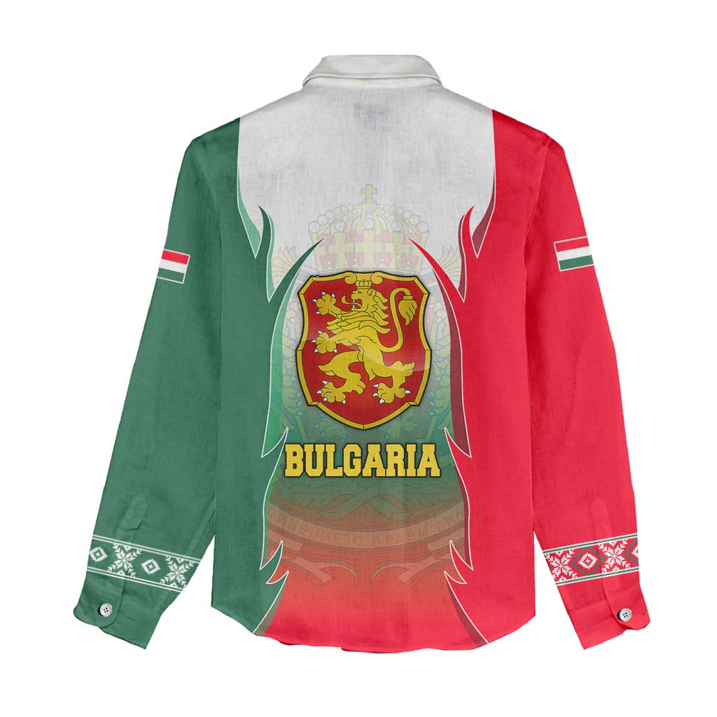 Bulgaria National Crest Women Casual Shirt with Tricolor Design and Folk Cuff Pattern