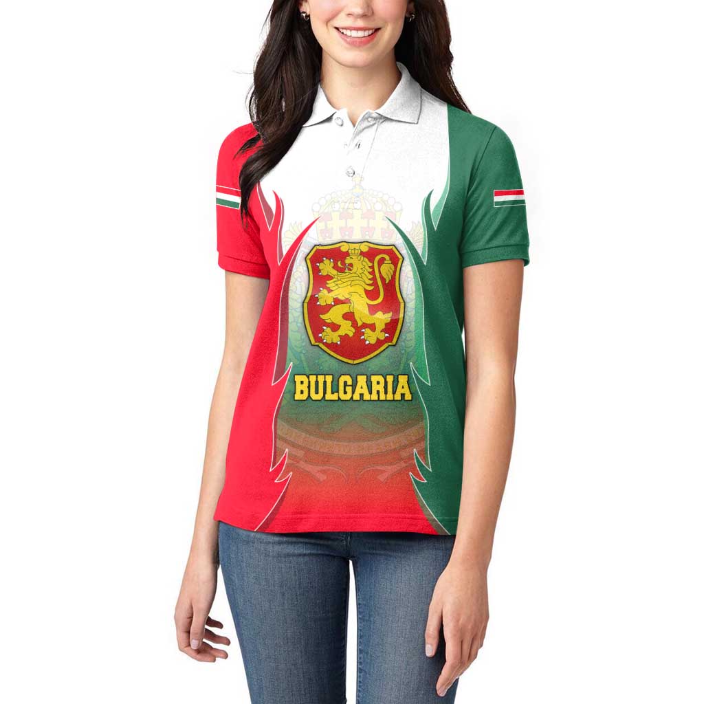 Bulgaria National Crest Women Polo Shirt with Tricolor Design and Folk Cuff Pattern
