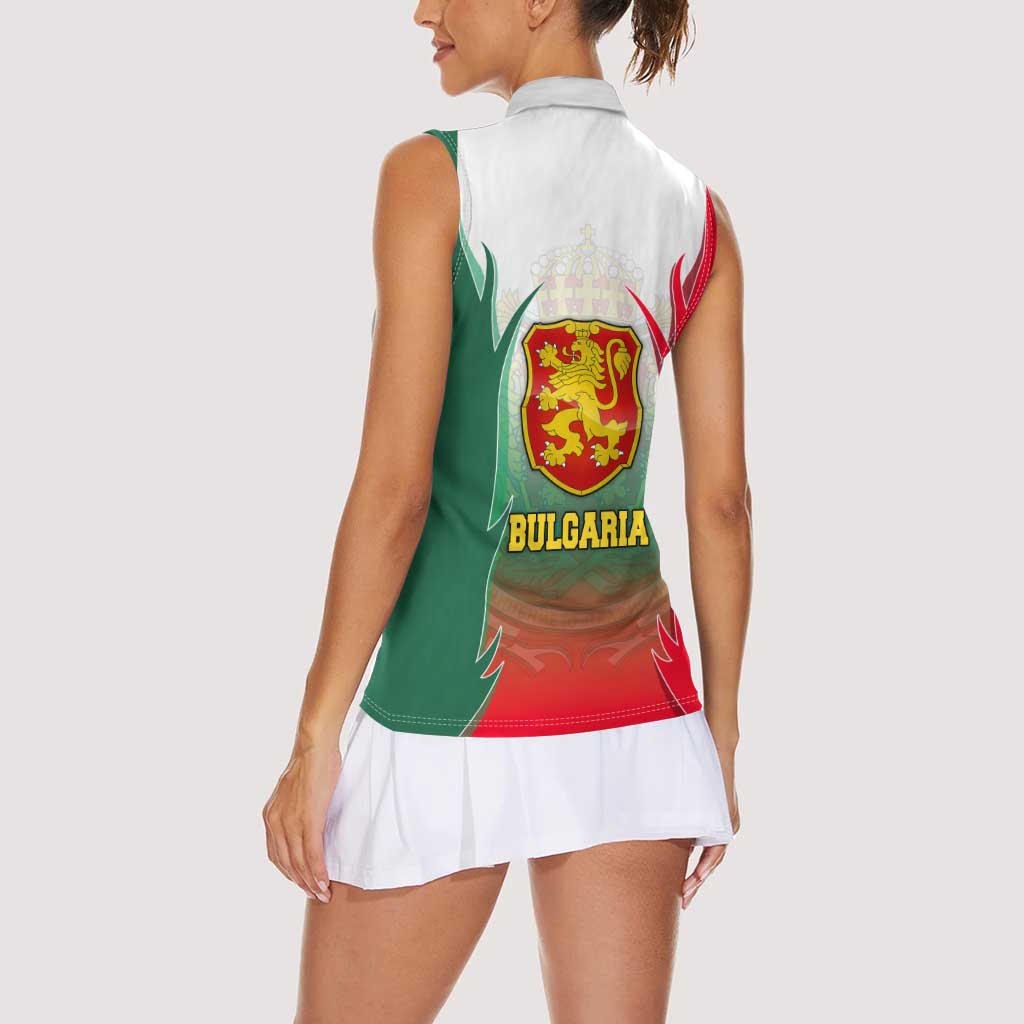 Bulgaria National Crest Women Sleeveless Polo Shirt with Tricolor Design and Folk Cuff Pattern