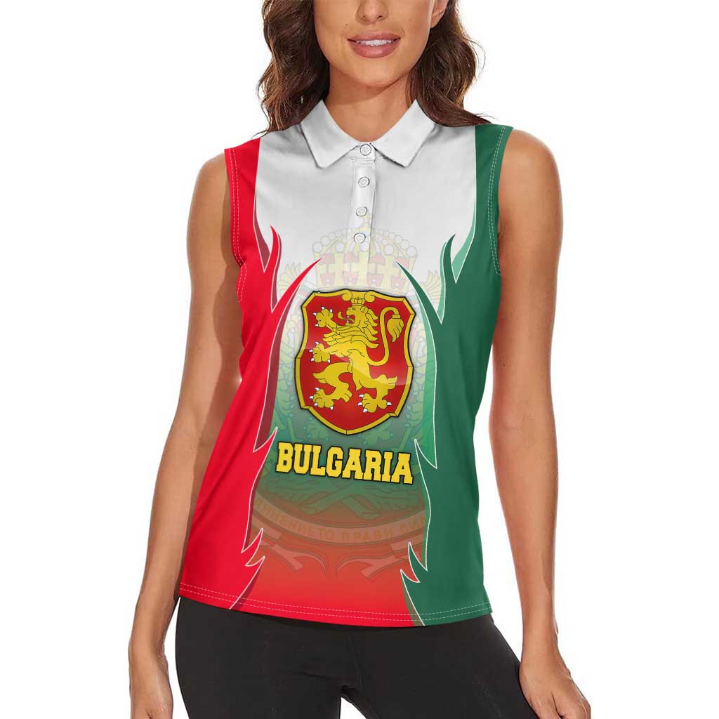 Bulgaria National Crest Women Sleeveless Polo Shirt with Tricolor Design and Folk Cuff Pattern