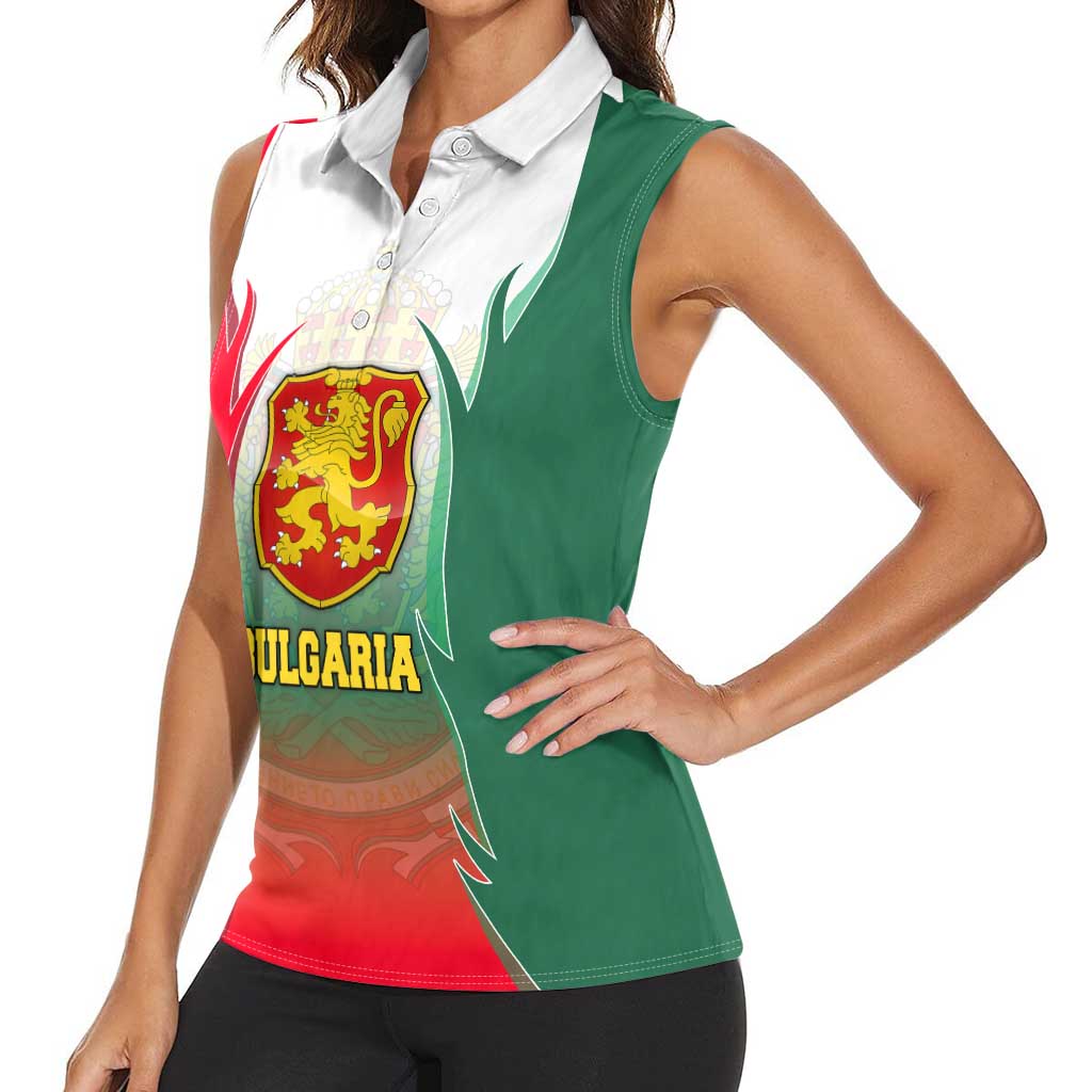 Bulgaria National Crest Women Sleeveless Polo Shirt with Tricolor Design and Folk Cuff Pattern