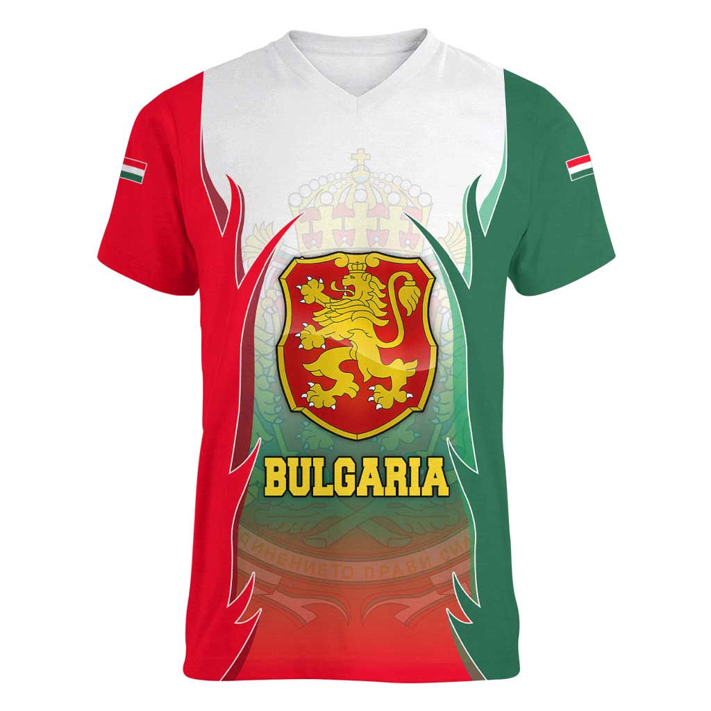 Bulgaria National Crest Women V-Neck T-Shirt with Tricolor Design and Folk Cuff Pattern