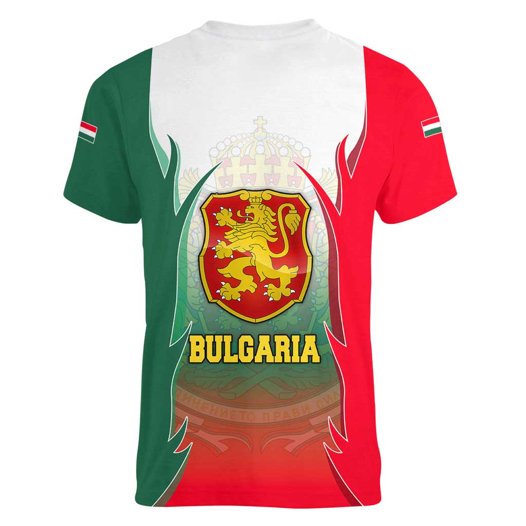 Bulgaria National Crest Women V-Neck T-Shirt with Tricolor Design and Folk Cuff Pattern