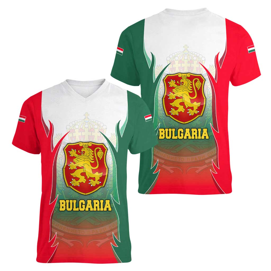 Bulgaria National Crest Women V-Neck T-Shirt with Tricolor Design and Folk Cuff Pattern