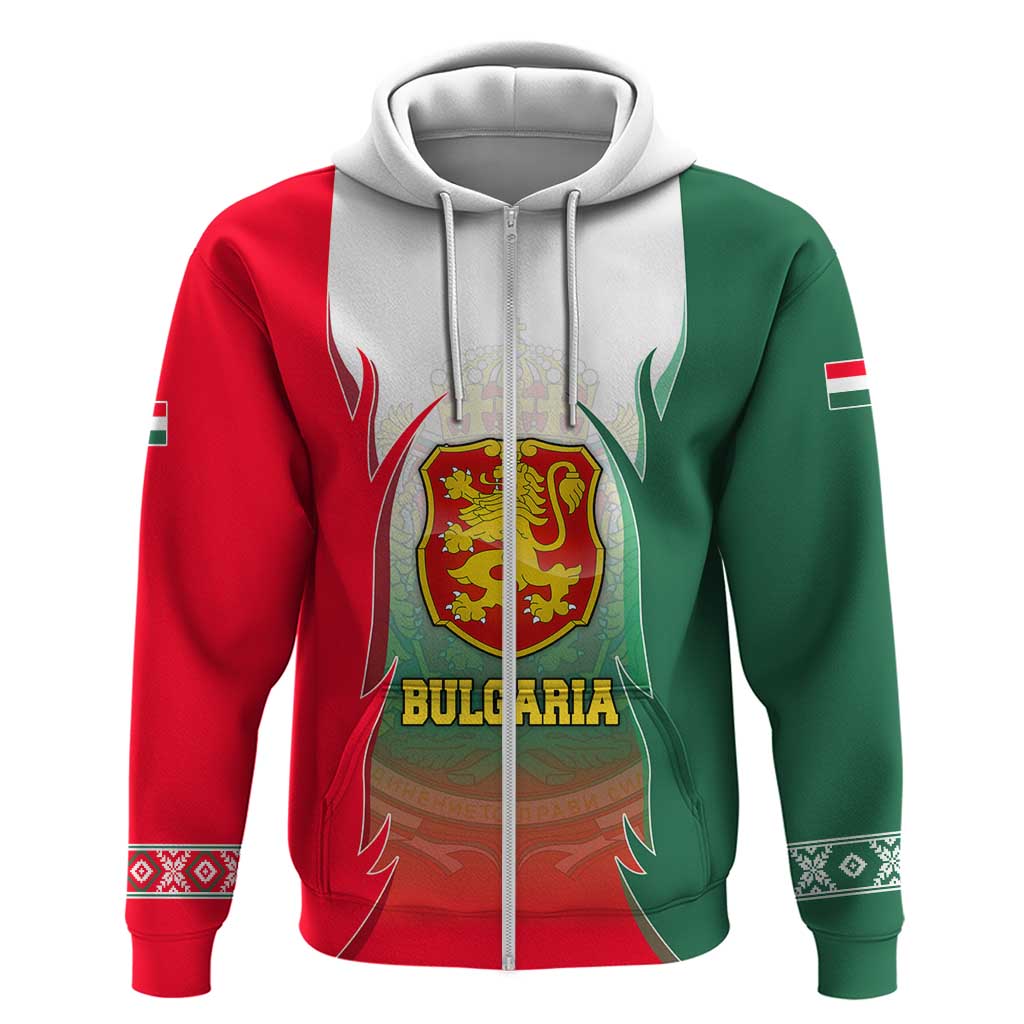 Bulgaria National Crest Zip Hoodie with Tricolor Design and Folk Cuff Pattern