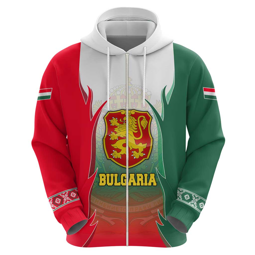 Bulgaria National Crest Zip Hoodie with Tricolor Design and Folk Cuff Pattern